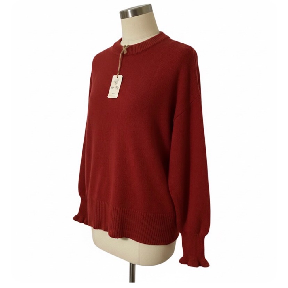 Sage + Fig Ruffle Cuff Knit Sweater in Burnt Red